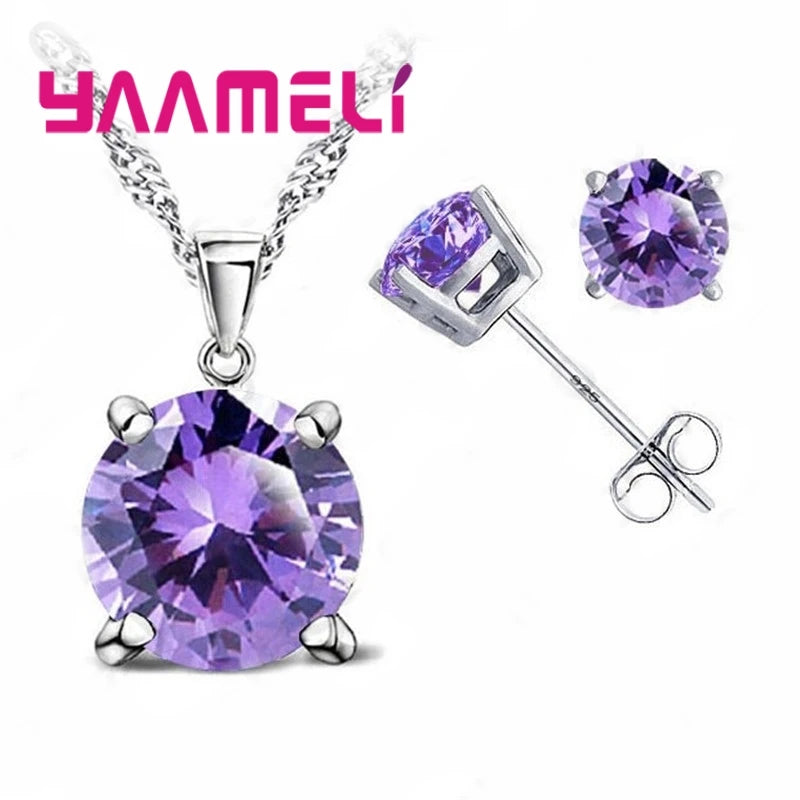 Fast Shipping 925 Serling Silver Color Shiny Cubic Zirconia Necklace Pendant Earrings Women Big Round Crystal Jewelry Sets