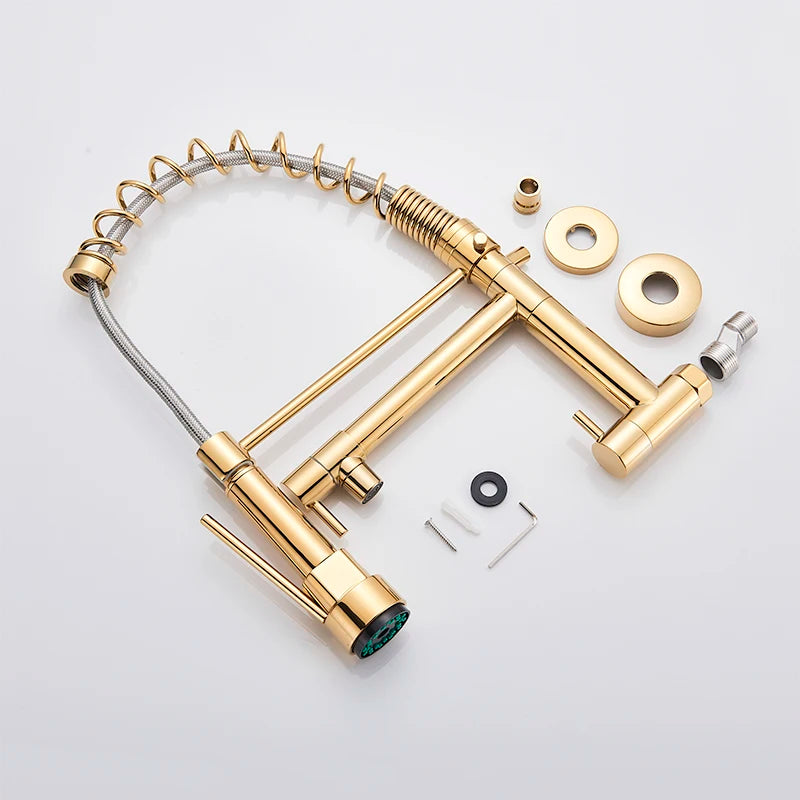 Wall Mounted Spring Kitchen Faucet Chrome Black Pull Down Sink Faucets Single Cold Water Dual Spouts Mixer 360 Rotation Crane