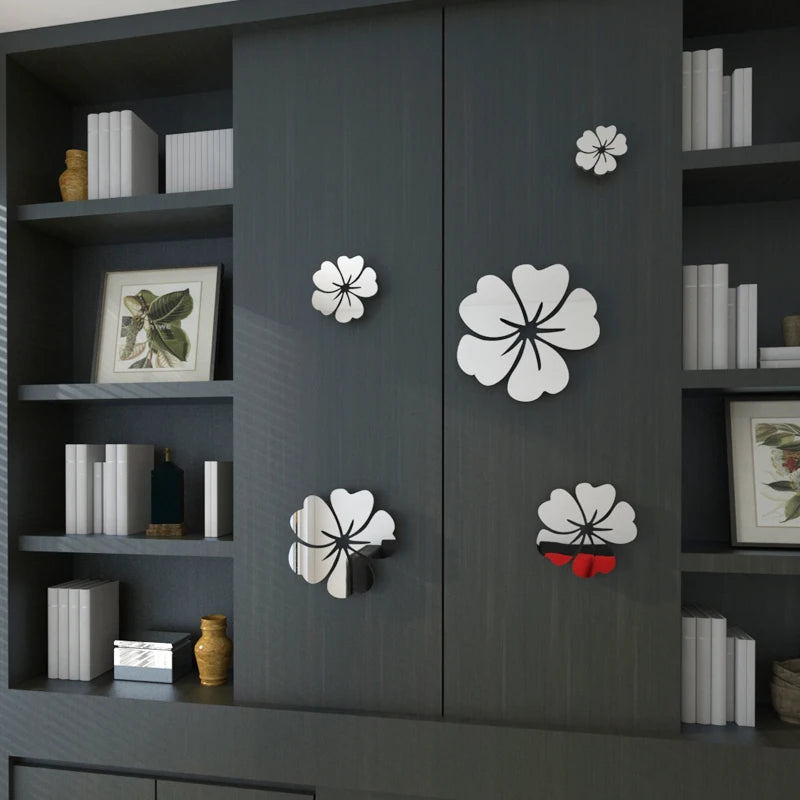 5 pcs Flower Pattern Wall Sticker Home Decor 3D Wall Decal Art DIY Mirror Wall Stickers Living Room Decoration Silver/Gold