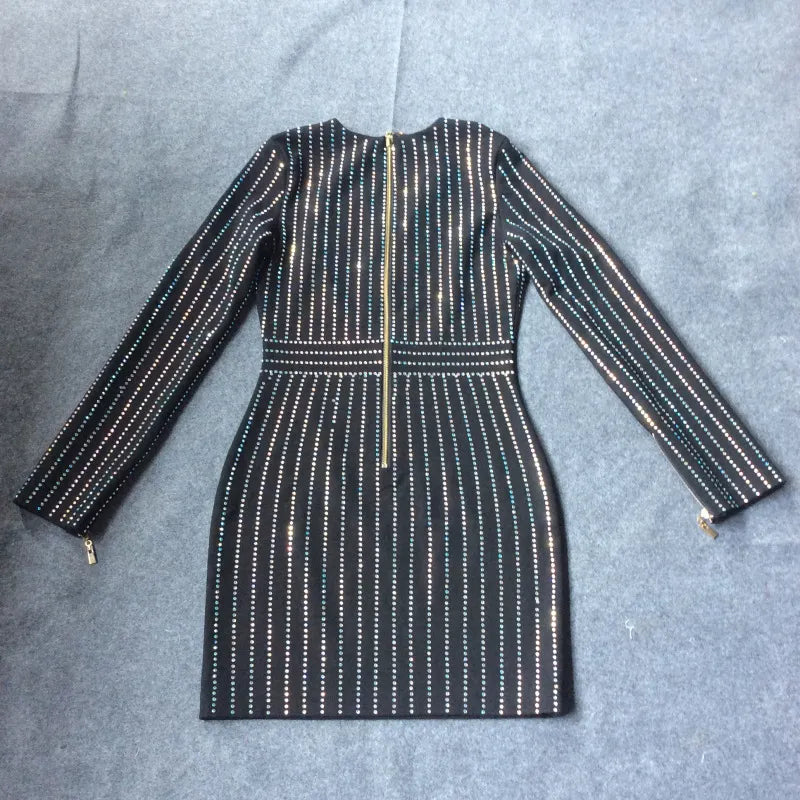 Sparkling Striped Long Sleeve Dress Black V-Neck Full Sleeve Women's Dress