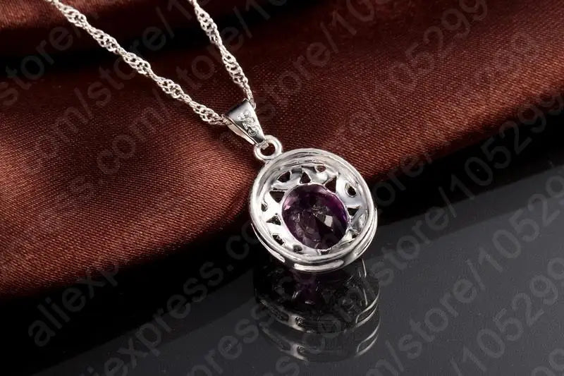 Elegant Women 925 Sterling Silver Color Purple Crystal Pendants Necklaces Earring Ring Set for Wedding Engagement Jewelry Gift