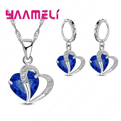 Bridal Jewelry Set Heart CZ Crystal 925 Sterling Silver Color Pendant Necklace Earrings for Women Wedding Anniversary Gifts