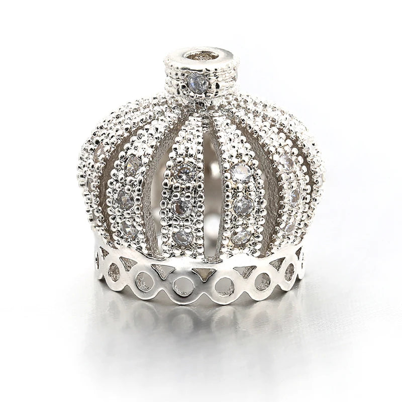 14*13mm Best Quality Handmade Brass Cubic Zirconia Crown Tassel Caps Charms for Diy Jewelry Findings, Hole: 1.3mm, Model:VM9
