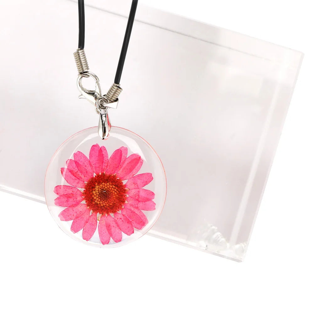 New 1 Pcs Beauty Cute Dried Daisy Flower Handmade Pendant Necklace Charm Gift Women's Jewelry Round Flower Necklace