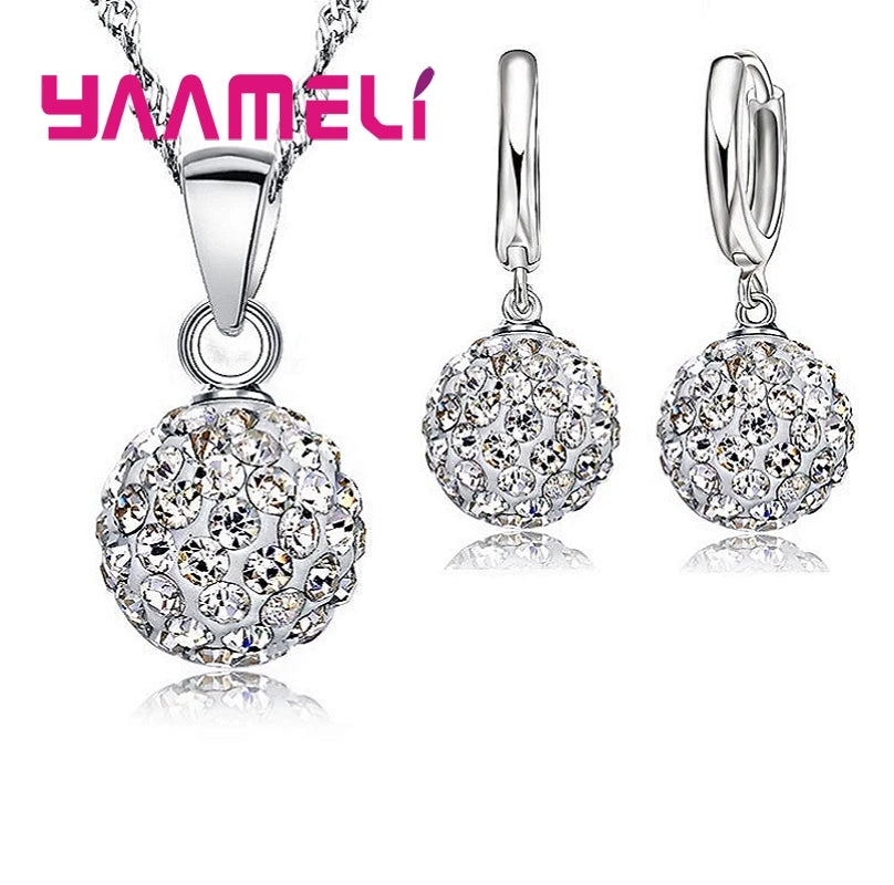 925 Sterling Silver Stamped Bridal Jewelry Sets Women Girls Wedding Gifts Austrian Crystal CZ Disco Ball Necklace Hoop Earrings