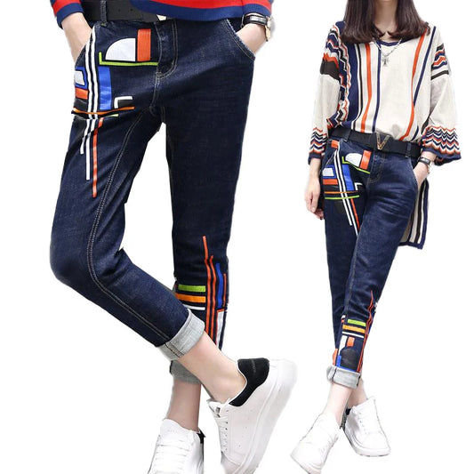 S-6XL Women's Spring Large Size Two-piece 2023 New Fashion Loose High Waist Printing Set Female High-end Shirt + Jeans Two-piece