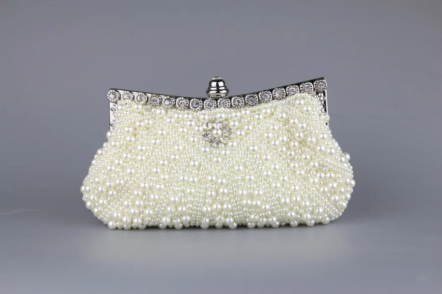 DAIWEI Women Evening Clutch Bag Ladies Wedding Bridal Handbag Pearl Beaded Diamond Day Cluthes Crystal Purse Party Wedding Beige