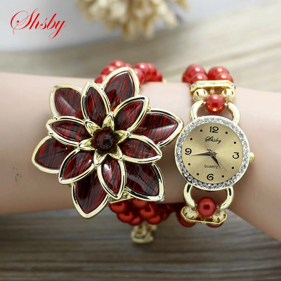 Shsby Fashion Women Rhinestone Watches  Ladies Pearl Strap Many Petals Flower Bracelet Quartz Wristwatches Women Dress Watches