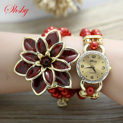 Shsby Fashion Women Rhinestone Watches  Ladies Pearl Strap Many Petals Flower Bracelet Quartz Wristwatches Women Dress Watches