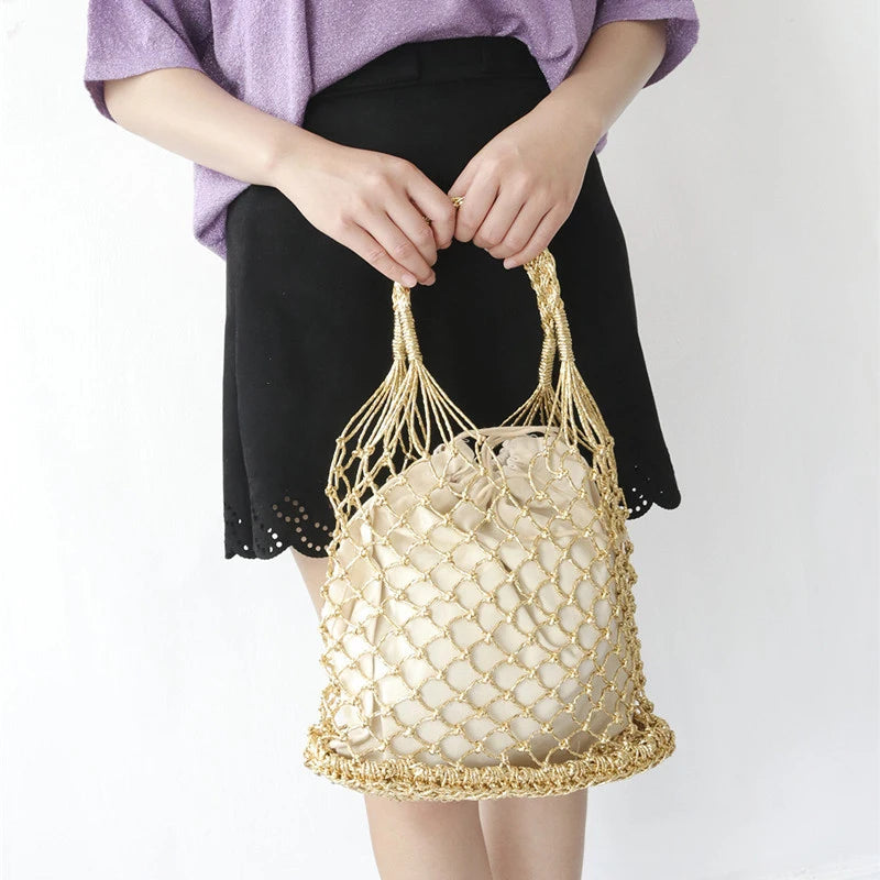 Gold silver 2 color bright paper ropes hollow woven handbag cotton lining straw bag female Reticulate handbag netted beach bag
