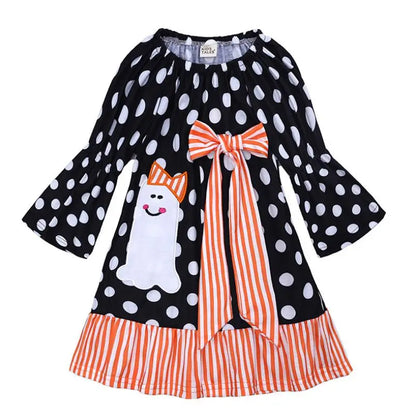 2018Baby Girl Halloween Dress Long sleeves Polka Dot Pumpkin Print Patchwork Princess Girls Holiday Party Costume 1-6Y