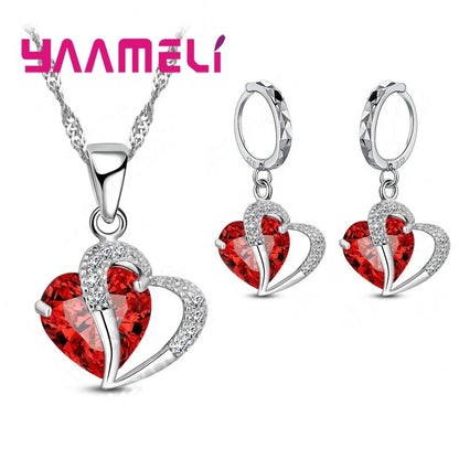 Bridal Jewelry Set Heart CZ Crystal 925 Sterling Silver Color Pendant Necklace Earrings for Women Wedding Anniversary Gifts