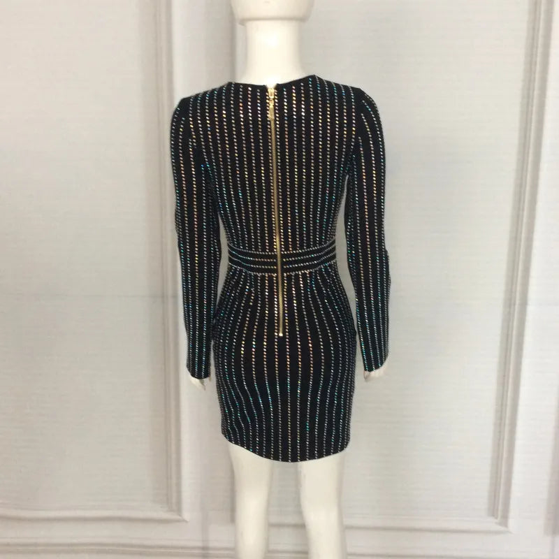 Sparkling Striped Long Sleeve Dress Black V-Neck Full Sleeve Women's Dress