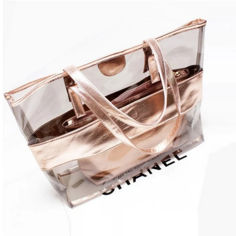 2 pcs set Women Summer Beach Bag PVC Transparent Composite Bags Set Shoulder Bag with Purse Waterproof Beach Tote Casual Bag