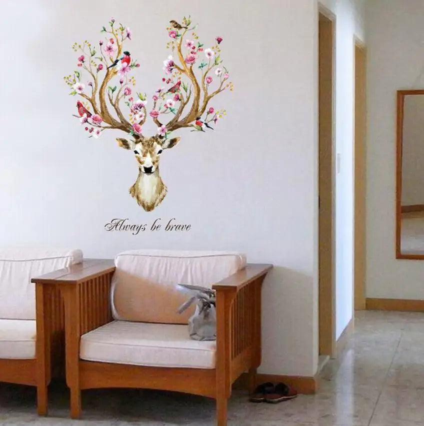 DIY Sika Deer Head Flowers Wall stickers For Living Room Art Vinyl Wall Decals For Home Decor adesivo de parede