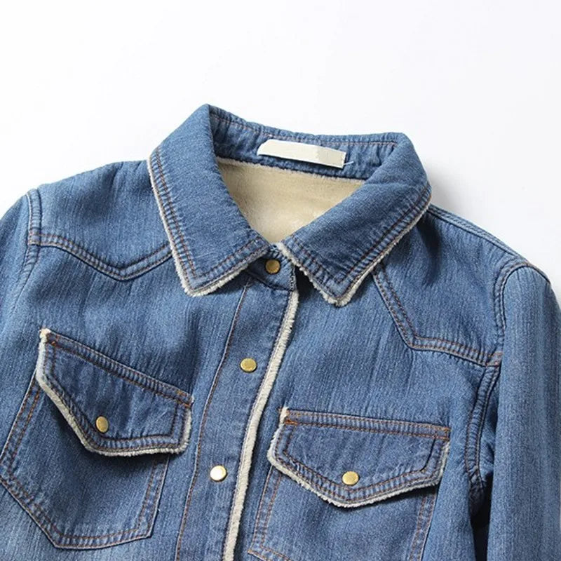 New Winter Ladies Thick Warm Denim Shirts Streetwear Slim Fit Lapel Collar Shirts Female Fleece Lining Jean Shirts S-2XL