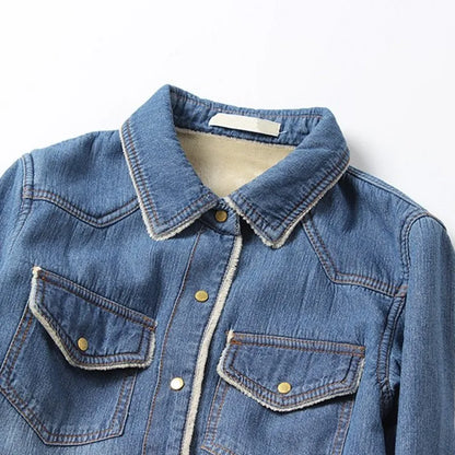 New Winter Ladies Thick Warm Denim Shirts Streetwear Slim Fit Lapel Collar Shirts Female Fleece Lining Jean Shirts S-2XL