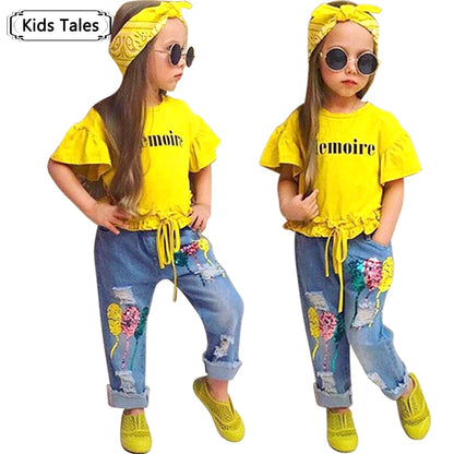 Children Sets for Girls Fashion 2025 New Style Girls Suits for Children Girls + Headband 3pcs. Set Cute Girls