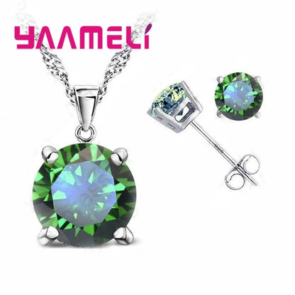 Fast Shipping 925 Serling Silver Color Shiny Cubic Zirconia Necklace Pendant Earrings Women Big Round Crystal Jewelry Sets