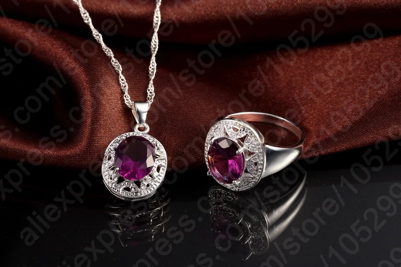 Elegant Women 925 Sterling Silver Color Purple Crystal Pendants Necklaces Earring Ring Set for Wedding Engagement Jewelry Gift