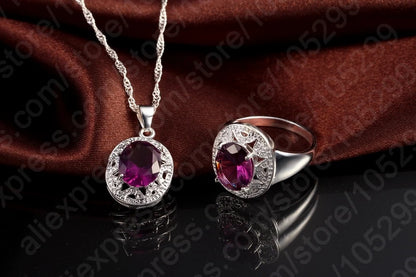 Elegant Women 925 Sterling Silver Color Purple Crystal Pendants Necklaces Earring Ring Set for Wedding Engagement Jewelry Gift