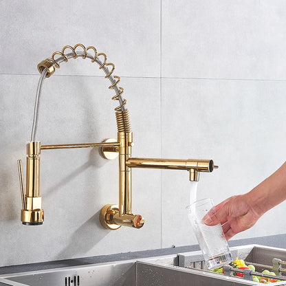 Wall Mounted Spring Kitchen Faucet Chrome Black Pull Down Sink Faucets Single Cold Water Dual Spouts Mixer 360 Rotation Crane