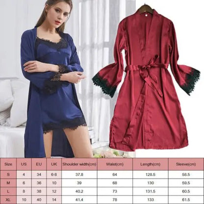 Womens Sexy Silk Satin Nightgrown Lace Long Sleeve Sleepwear Robes Night Gown Nightwear Women Clothing