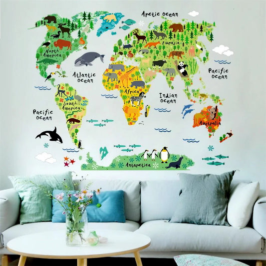 colorful animal world map wall stickers for kids rooms living room home decor cartoon pvc wall decals diy mural art art poster