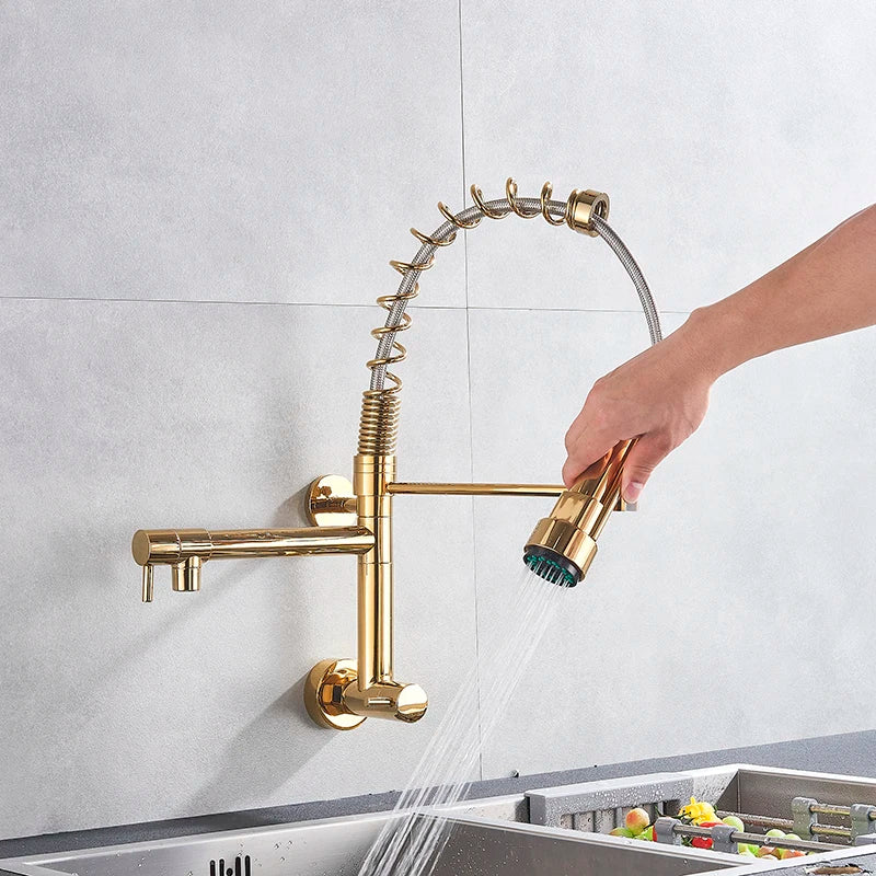 Wall Mounted Spring Kitchen Faucet Chrome Black Pull Down Sink Faucets Single Cold Water Dual Spouts Mixer 360 Rotation Crane