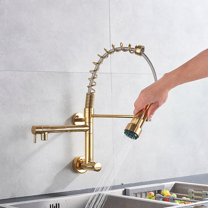 Wall Mounted Spring Kitchen Faucet Chrome Black Pull Down Sink Faucets Single Cold Water Dual Spouts Mixer 360 Rotation Crane