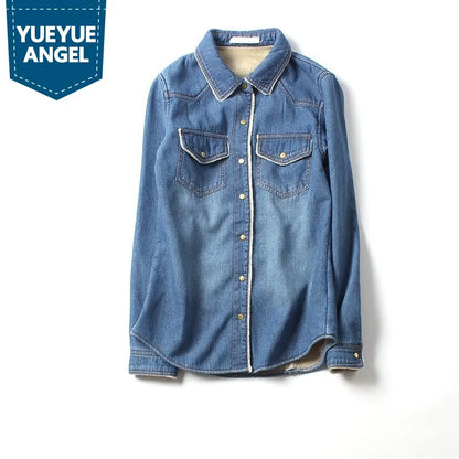 New Winter Ladies Thick Warm Denim Shirts Streetwear Slim Fit Lapel Collar Shirts Female Fleece Lining Jean Shirts S-2XL