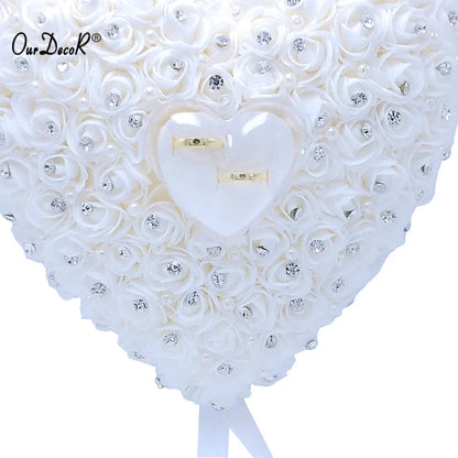 Wedding Favors Hang Ring Pillow With Transprent Box Heart Design Rhinestone And Pearl Decor Wedding Ring Cushion Decoration