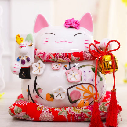 8 inch Japanese Maneki-Neko Ceramic Lucky Cat Fortune Cat Fengshui Statue Porcelain Money Box Home Decor Gift for Business