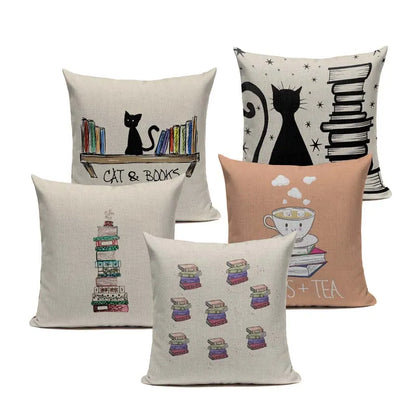 Cat Happy Reading More Book Cushion Cover Customized Linen  Pillowcase Home Sofa Decorative Custom Letter Throw Decor Cojines