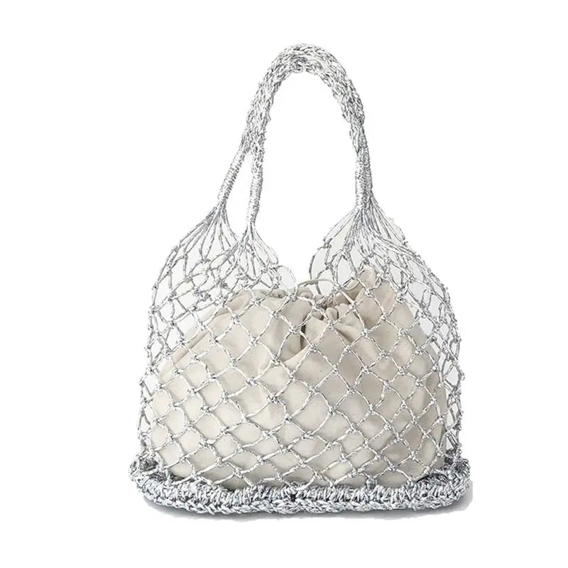 Gold silver 2 color bright paper ropes hollow woven handbag cotton lining straw bag female Reticulate handbag netted beach bag