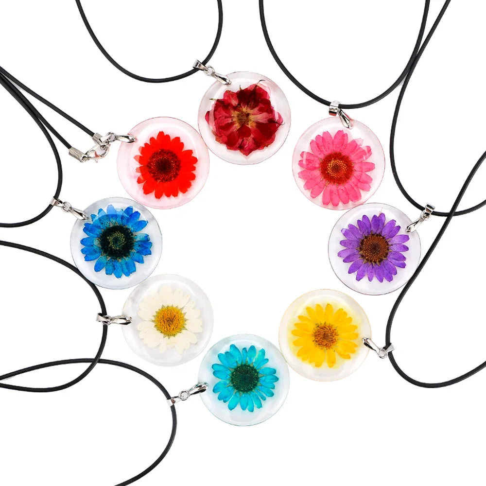 New 1 Pcs Beauty Cute Dried Daisy Flower Handmade Pendant Necklace Charm Gift Women's Jewelry Round Flower Necklace
