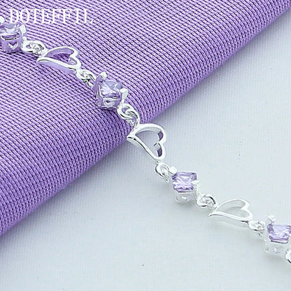 DOTEFFIL 925 Sterling Silver Heart Purple Zircon Bracelet For Women Jewelry Engagement Party Christmas Gift