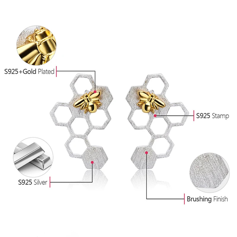 Lotus Fun Real 925 Sterling Silver Earrings Natural Fine Jewelry Honeycomb Home Guard 18K Gold Bee Drop Earrings for Women Gift