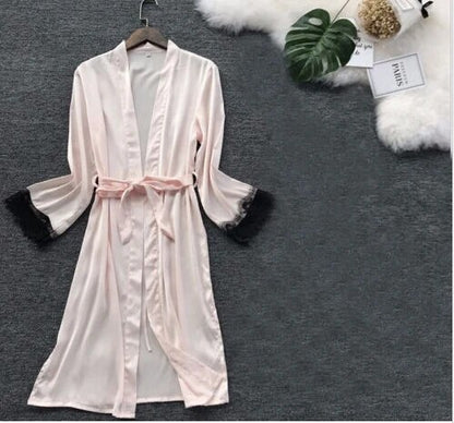 Womens Sexy Silk Satin Nightgrown Lace Long Sleeve Sleepwear Robes Night Gown Nightwear Women Clothing