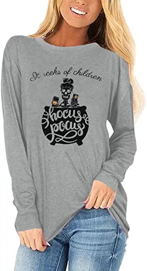 Womens Halloween shirt long sleeve featuring a playful Hocus Pocus design with a witch's cauldron