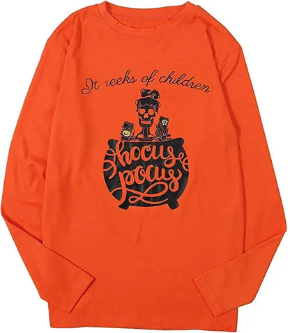EtherealBe womens Halloween shirt long sleeve in orange with Hocus Pocus graphic design