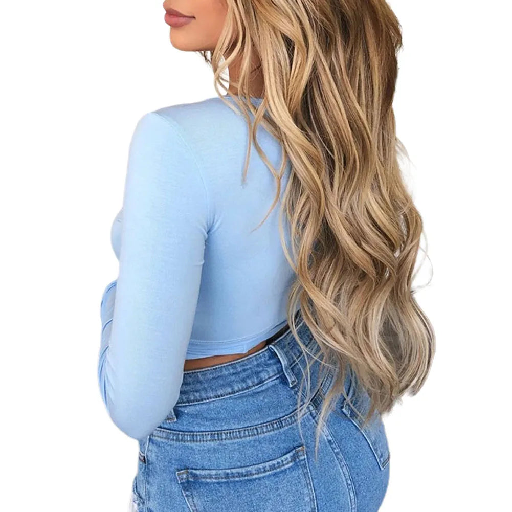 Fashion Women's Wrap Top Sexy Deep V Neck Knot Front Long Sleeve Basic Tee Strappy T shirt Tops Summer Casual Short Clothes