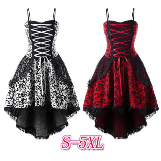 Plus Size Women Gothic Punk Lolita Costume Vintage Bandage Lace Trim Straps A Line E-Girl Corset Dresses Halloween Party Outfit