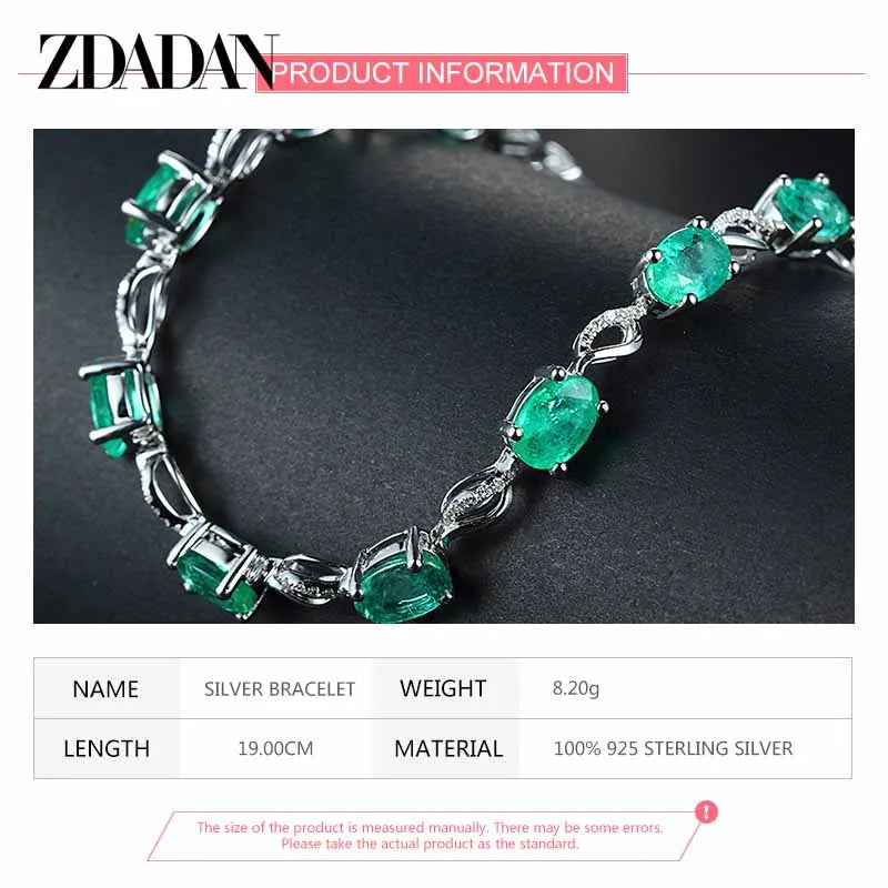 ZDADAN 925 Sterling Silver Emerald Bracelet Chain For Women Fashion Jewelry Accessories