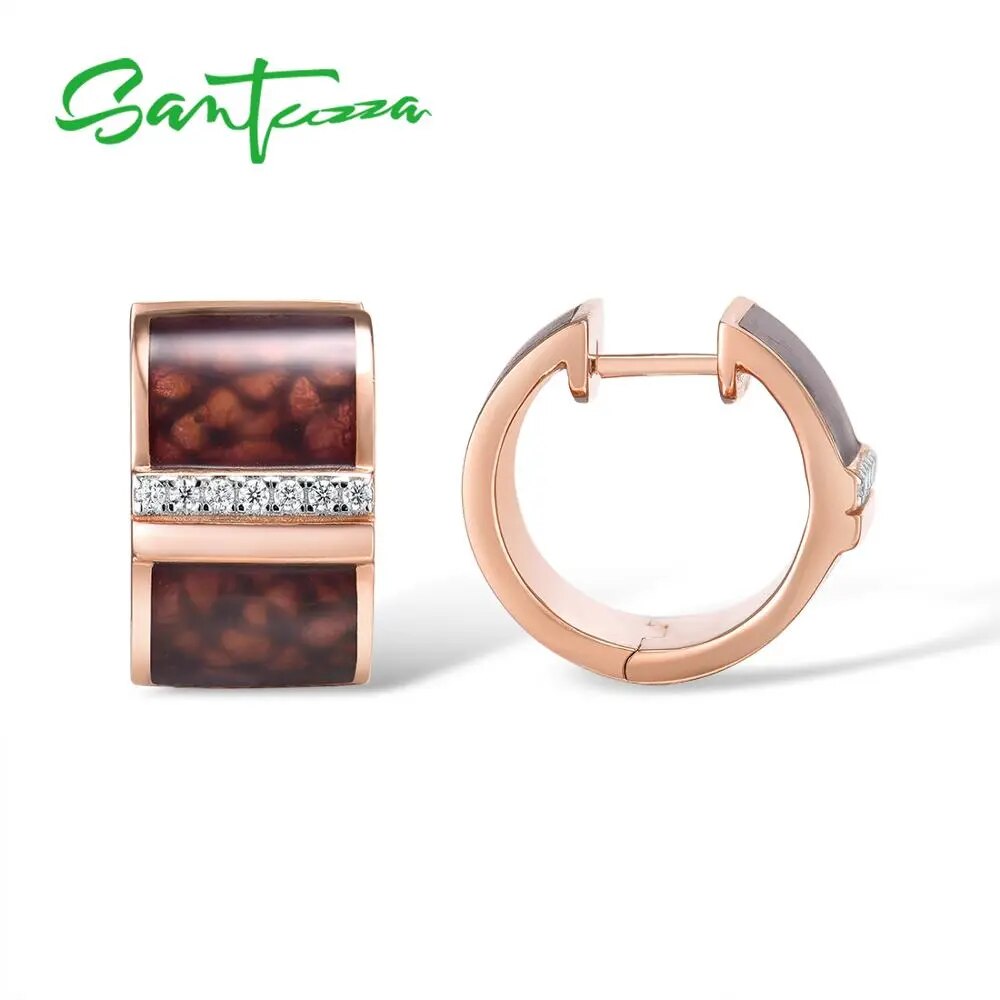 SANTUZZA Silver Earrings For Women 925 Sterling Silver Rose Gold Color Brown Chic Earrings Trendy Fine Jewelry Handmade Enamel