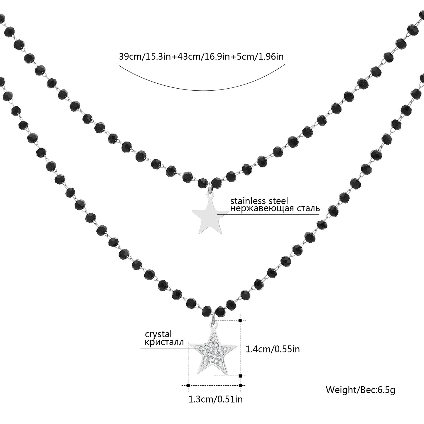 Fashion Double Layer Black Crystal Beads Necklace For Women Stainless Steel Star Choker Necklace Women's Jewelry femme Bijoux