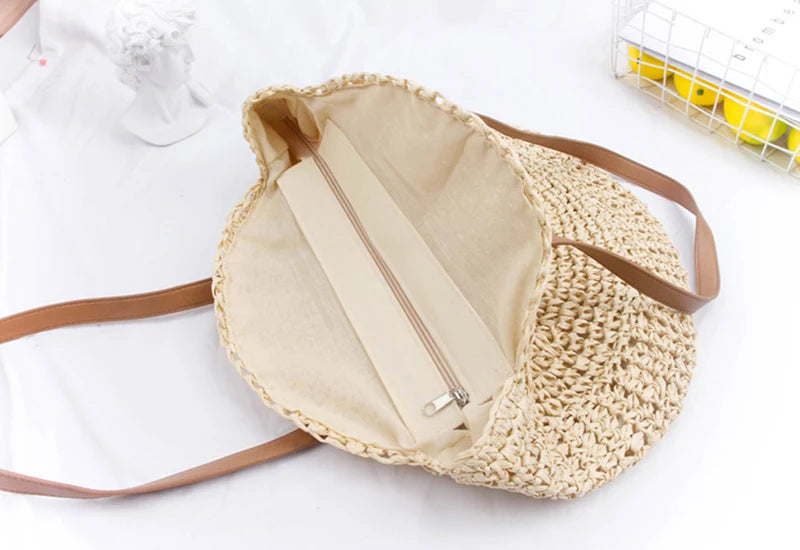 Round Straw Beach Bag Vintage Handmade Woven Shoulder Bag Raffia circle Rattan bags Bohemian Summer Vacation Casual Bags