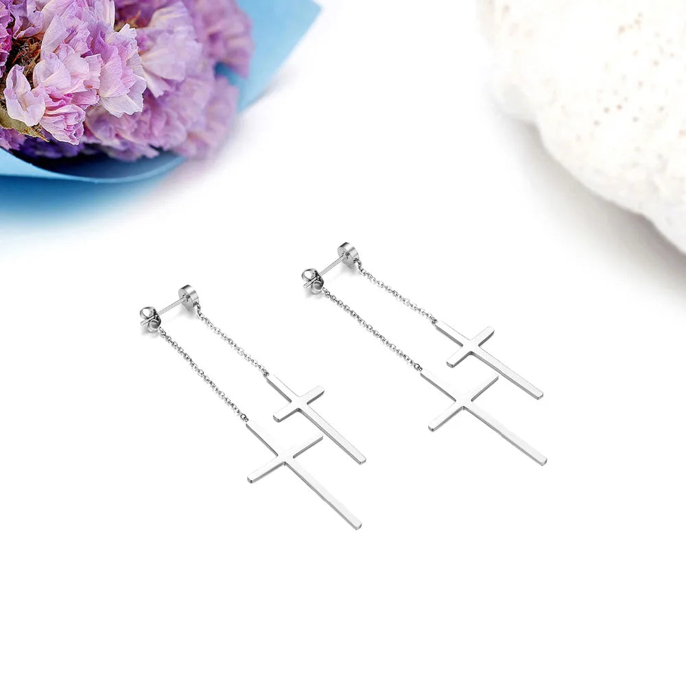 Boniskiss Fashion Tassel Double Cross long Drop Earrings Gold Silver Color Stainless Steel Woman Party Christmas Gift Jewelry