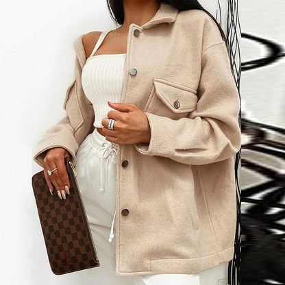 Autumn Single Breasted Turn-down Collar Wool Coat Women Elegant Long Sleeve Pocket Outwear Fashion Solid Loose Streetwear Jacket
