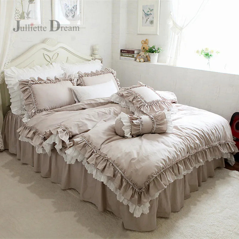 Top Luxury European Khaki bedding set ruffle lace duvet cover bedding elegant bedspread bed sheet for wedding decor bed clothes